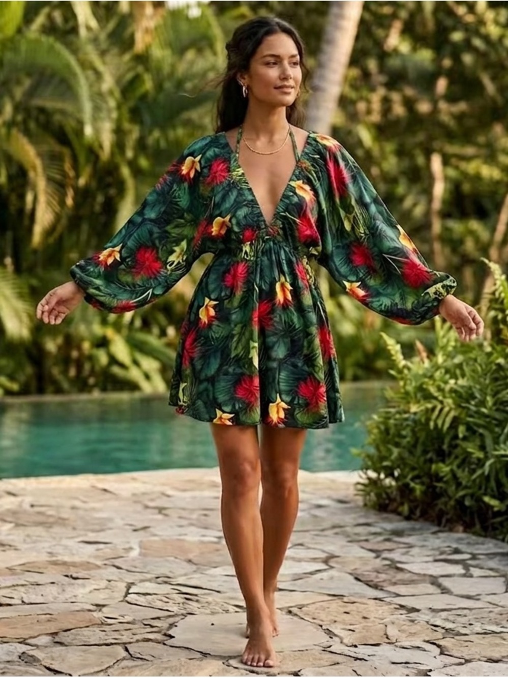 S-DEER Tropical Floral Mini Dress XXL Puff Sleeve Halter Tie Boho NWT
